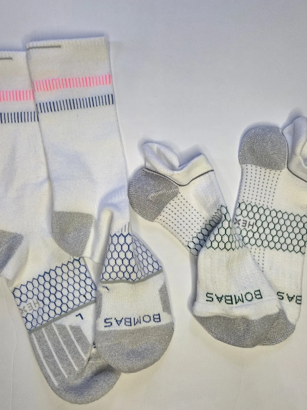 Bombas White Crew Socks with Pink and Blue Accents